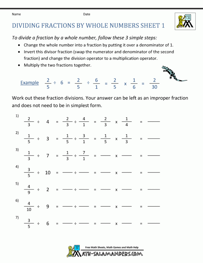 Dividing Fractions by Whole Numbers Worksheet for Grade 5 Worksheet for practicing division of fractions by whole numbers for fifth graders