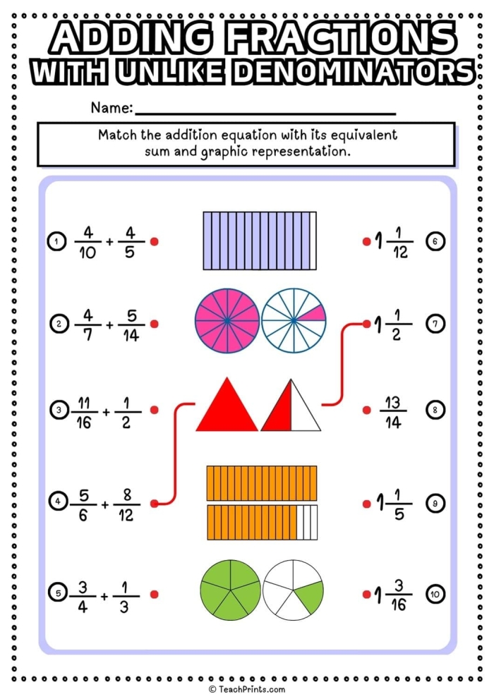 Worksheet for practicing adding and subtracting fractions with different denominators for fifth graders