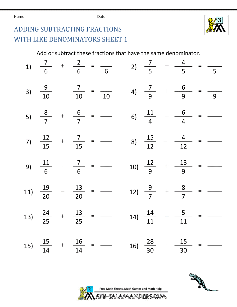 Worksheet for practicing adding and subtracting fractions with different denominators for fifth graders