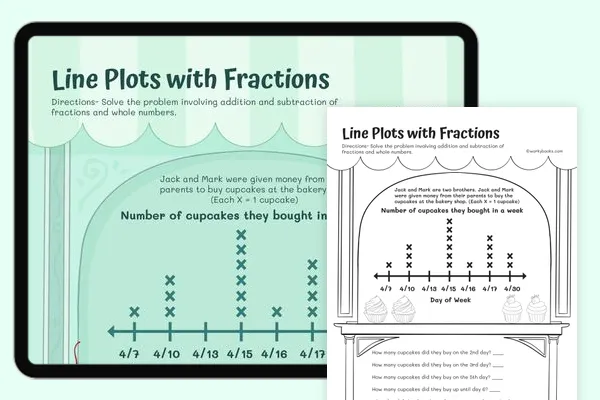 Fifth grade students graphing snowfall measurements using fractions on a line plot worksheet