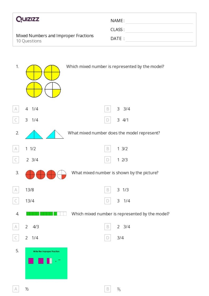 Fifth grade student solving mixed and improper fraction practice problems on a colorful worksheet