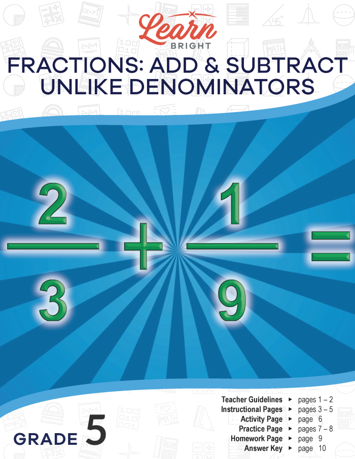 Worksheet for practicing adding and subtracting fractions with different denominators for fifth graders