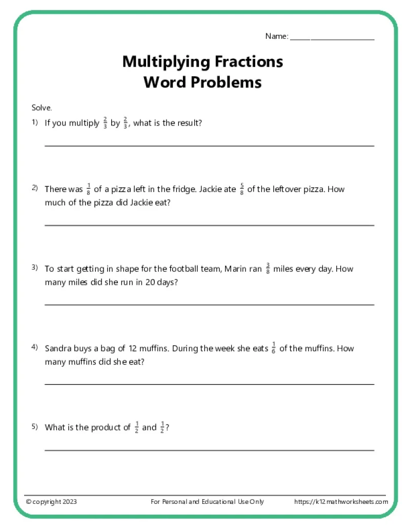 Worksheet for practicing the multiplication of fractions aimed at fifth-grade students