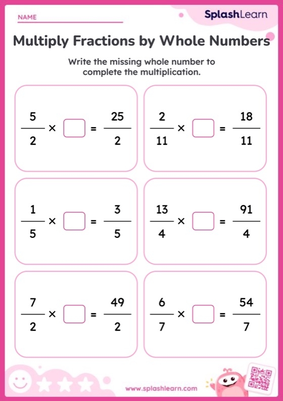 Fifth grade math worksheet featuring 14 problems on multiplying a whole number by a fraction