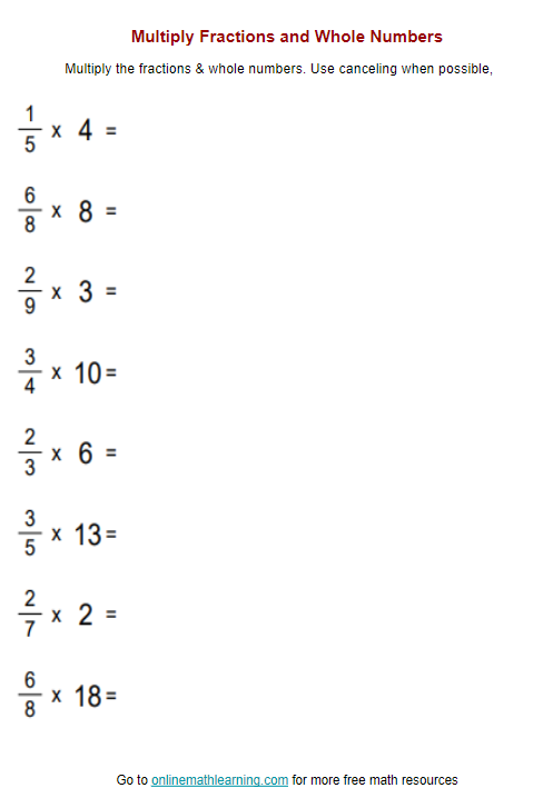 Fifth grade math worksheet showing 14 multiplication problems combining whole numbers and fractions with worked examples