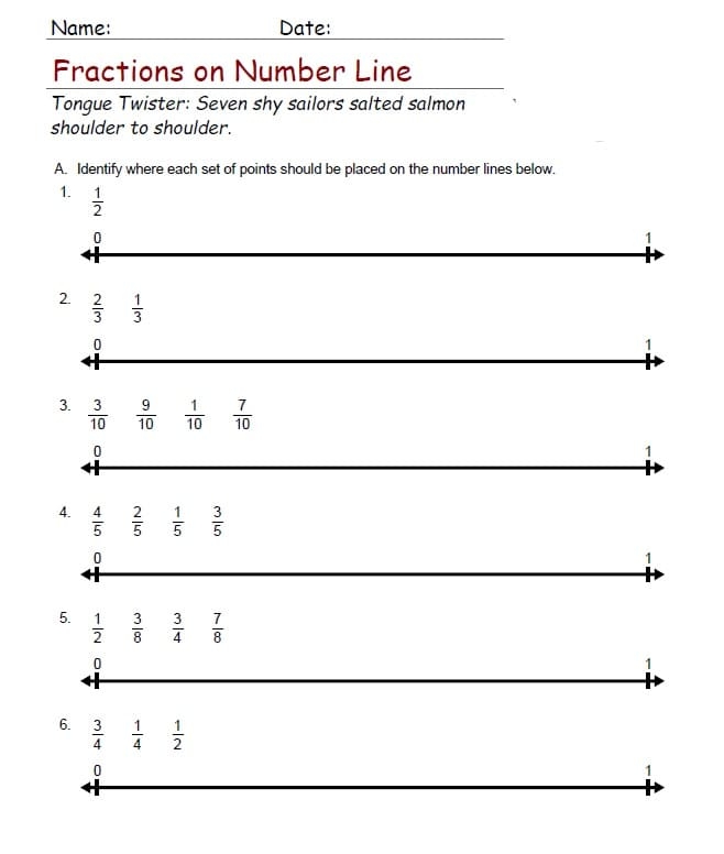 Fifth grade addition worksheet showing a number line with blank spaces to fill in fractions and decimals to reveal a hidden message