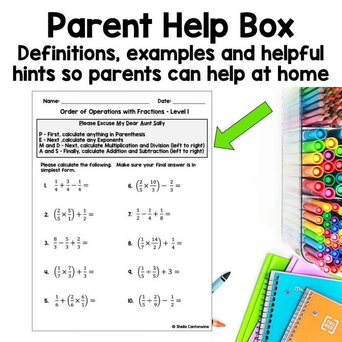 Order of Operations with Fractions Worksheet 16 Fifth grade student worksheet for solving expressions containing fractions and order of operations