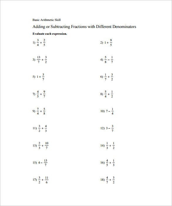 Fifth grade math worksheet featuring practice problems for adding subtracting and comparing fractions