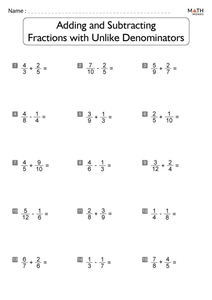 Fifth grade math worksheet for practicing addition and subtraction of fractions with unlike denominators 18