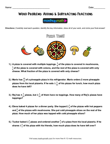 Fifth grade students solving multi-step fraction word problems with visual examples and step-by-step solutions