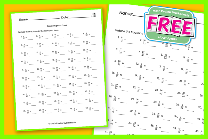Fifth grade math worksheet for reviewing fraction operations and simplifying improper fractions
