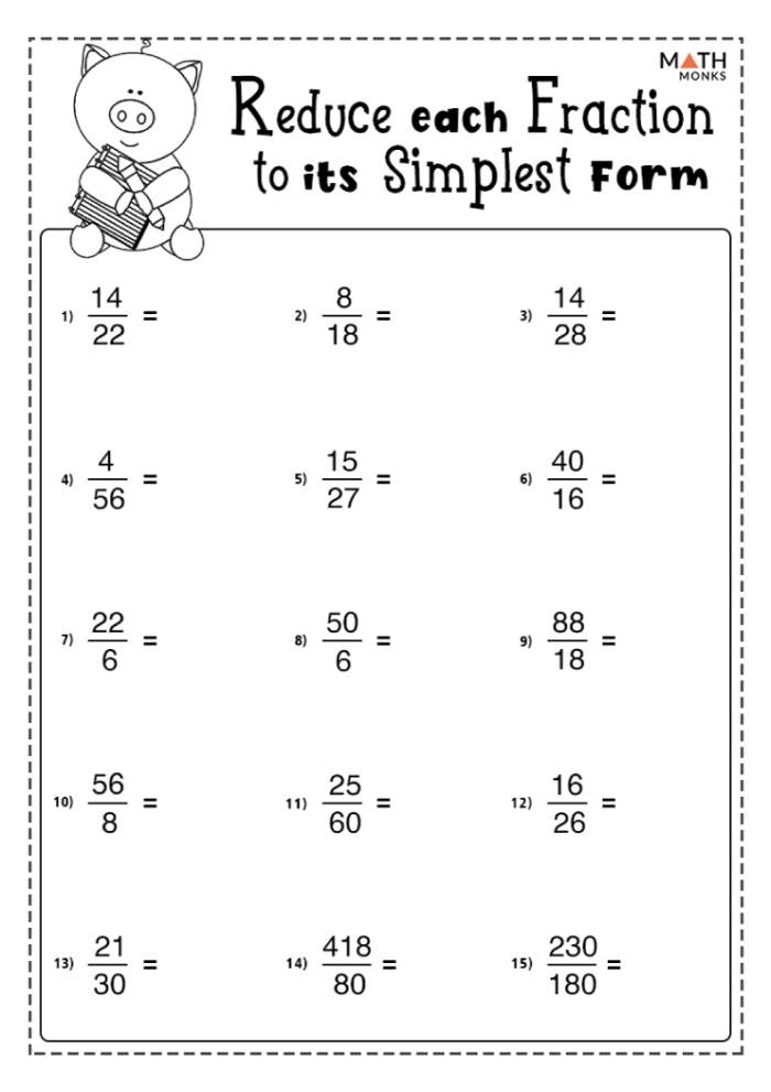 Fifth grade worksheet for practicing fraction simplification and adding fractions with common denominators