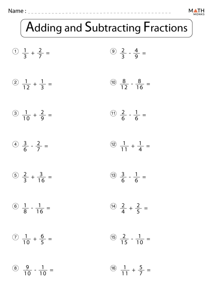 Fifth grade geometry practice worksheet showing step-by-step subtraction of fractions with different denominators and visual fraction models