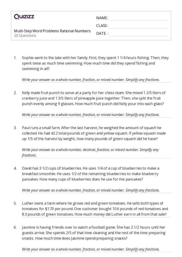 Fifth grade student working on a multi-step fraction word problems worksheet for geometry class