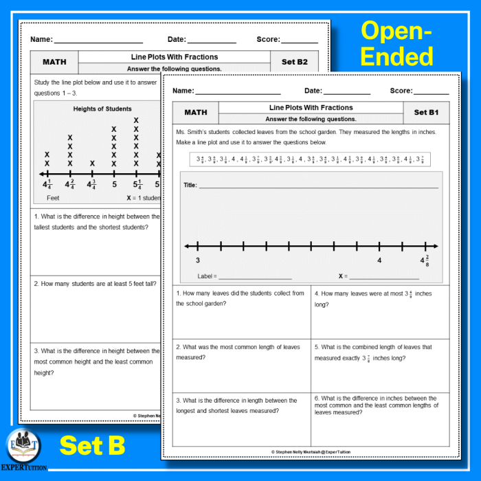 Fifth grade student worksheet displaying a line plot graph for recording snowfall measurements using fractions