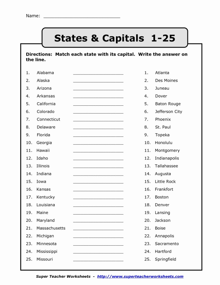 Fifth grade student filling out a Match the Capital to the State geography handwriting worksheet