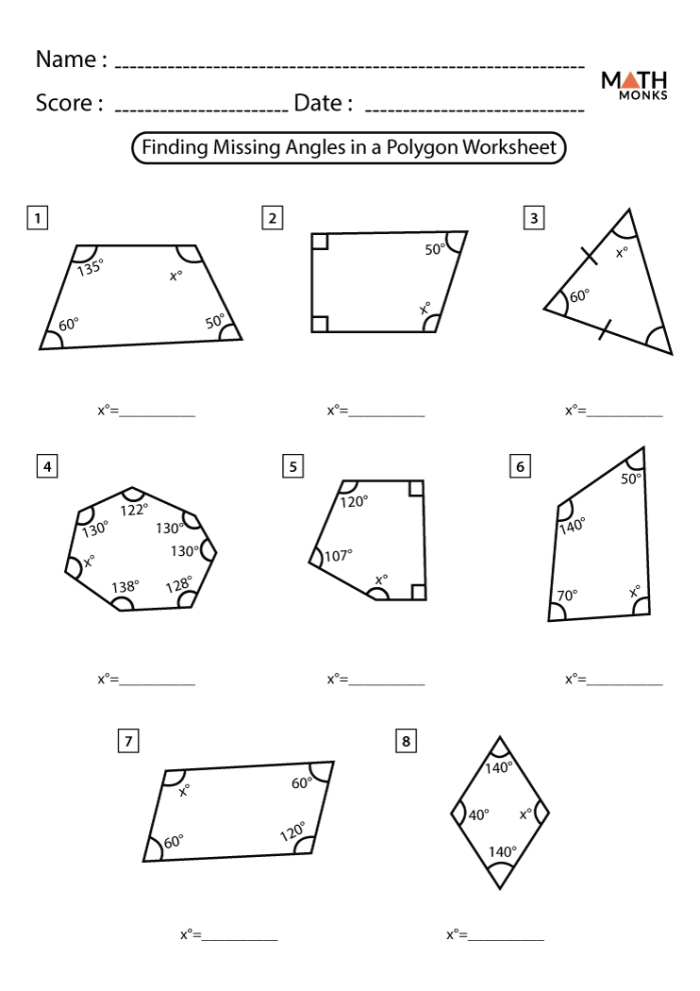 Geometry Review: Angles and Polygons Practice Page 9 Fifth grade geometry review worksheet showing angle types, triangle classifications, and polygon shapes for practice