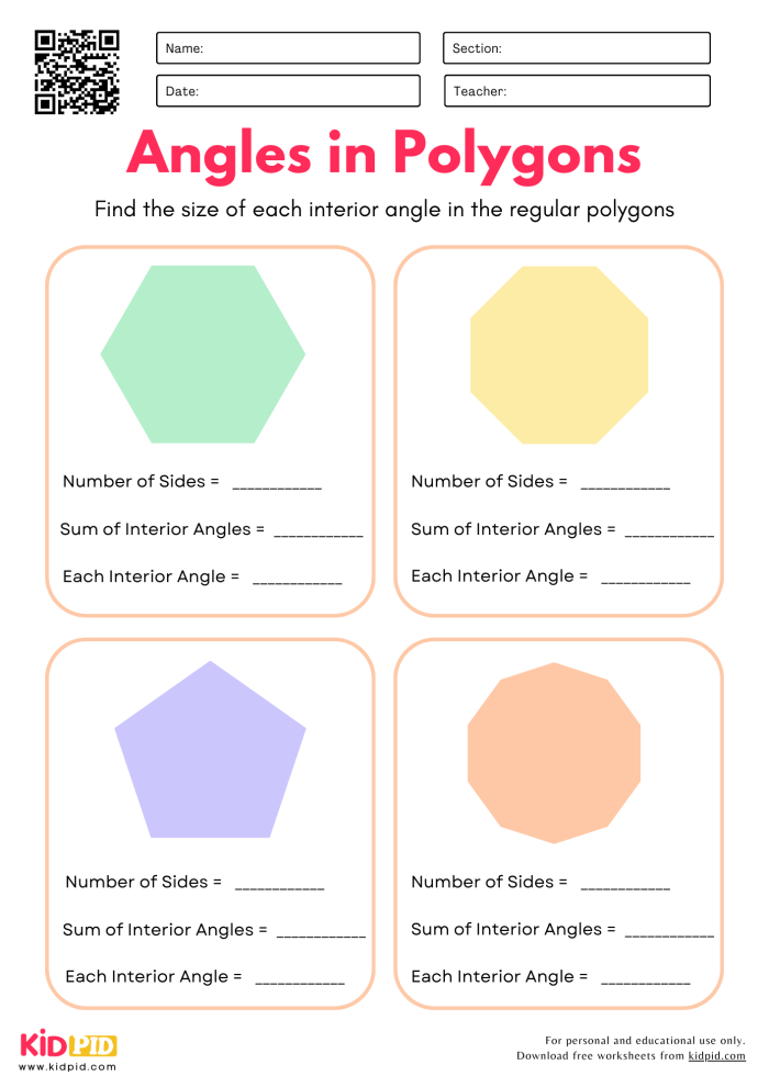 Geometry Review Angles and Polygons Worksheet for Grade 5 Image 22 Fifth grade geometry worksheet featuring diagrams of various angles and polygons for review