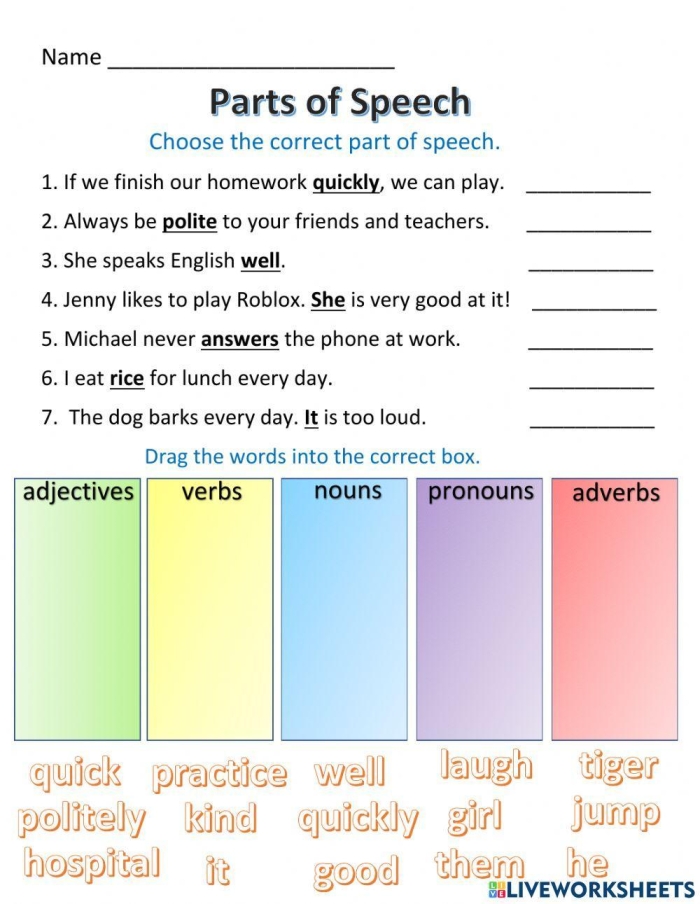 Fifth grade students completing a grammar exercise on parts of speech for worksheet number twelve