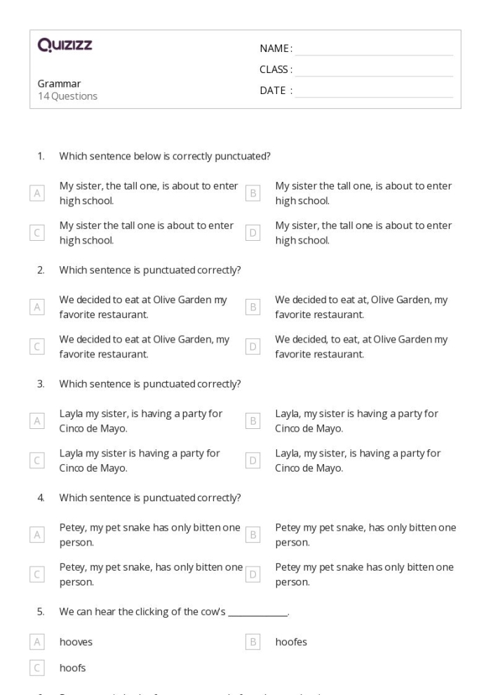 5th Grade Mixed Grammar Review worksheet for handwriting practice and assessment