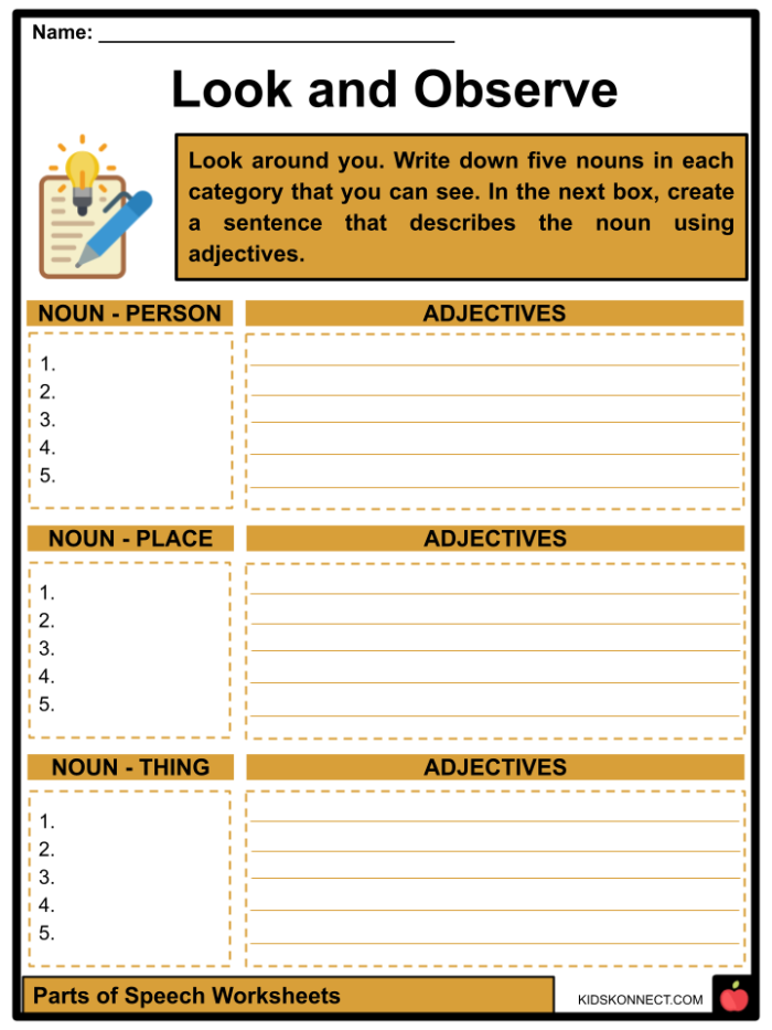 Fifth grade students identifying and labeling nouns, verbs, adjectives, and other parts of speech on an assessment worksheet