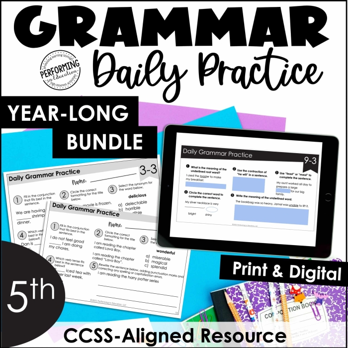 5th Grade Mixed Grammar Review worksheet for handwriting practice, focusing on grammar, punctuation, and sentence structure. End-of-year assessment tool for 5th graders to evaluate their language skills.