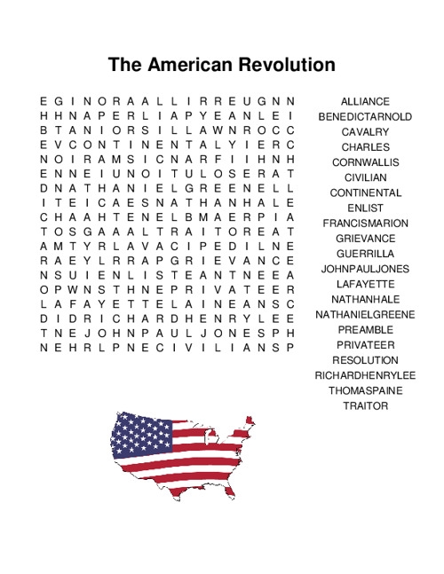 American Revolution word search worksheet featuring historic battlefields and cities