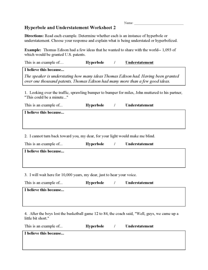 Fifth grade students identifying examples of hyperbole in a poem worksheet
