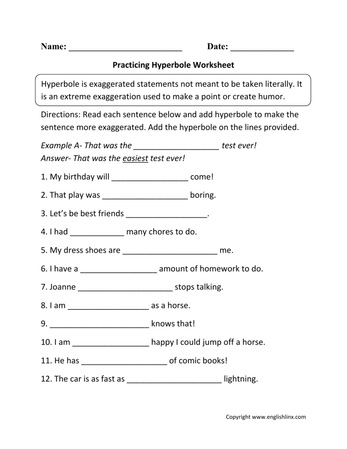 Funny Hyperbole Story Writing Activity for Elementary Students Fifth grade students complete a humorous fill-in-the-blank story worksheet featuring exaggerated hyperbole examples