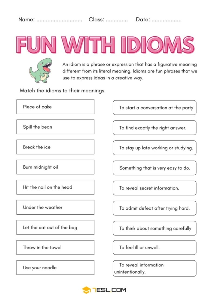 Identical Idioms Matching Exercise for Elementary Reading Practice Fifth grade students matching identical idioms with the same meanings on a worksheet activity