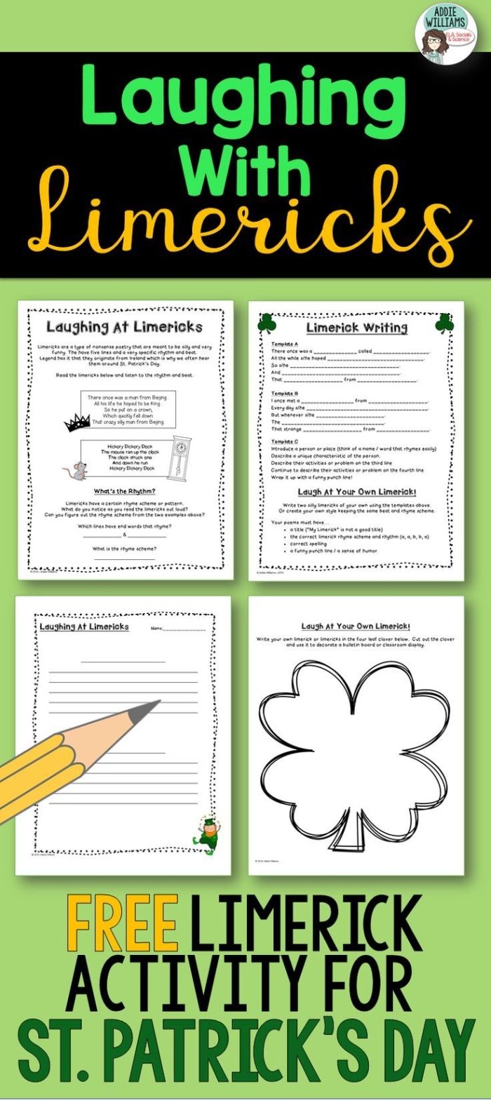 Fifth grade student working on a St. Patrick's Day limerick writing worksheet with vocabulary prompts