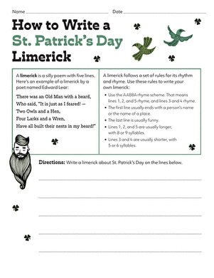 Fifth grade student working on a creative St. Patrick's Day limerick writing worksheet