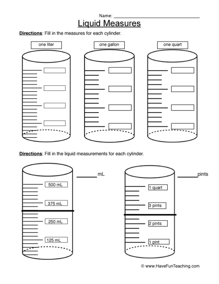 Fifth grade student learning liquid measurement conversions with cups, pints, and quarts on a practice worksheet