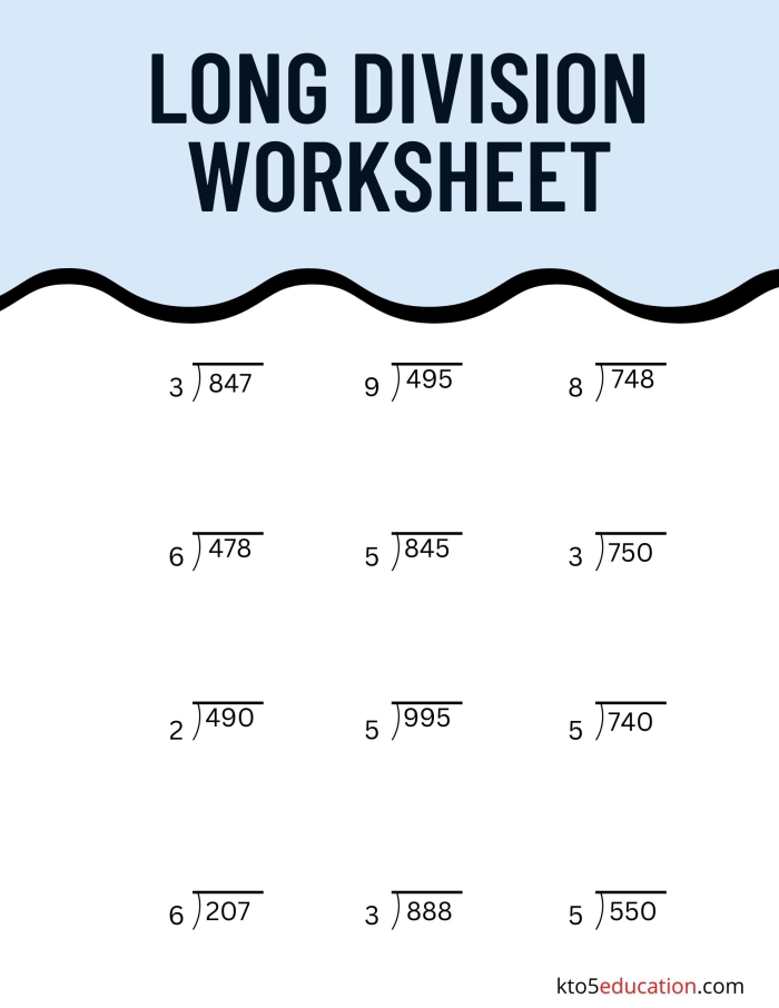 Fifth grade student working through long division practice problems on a printable worksheet with step-by-step division exercises
