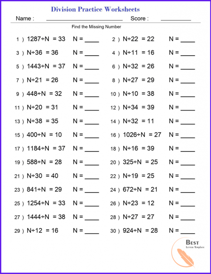 Fifth grade student working through long division problems on a practice worksheet with step-by-step examples