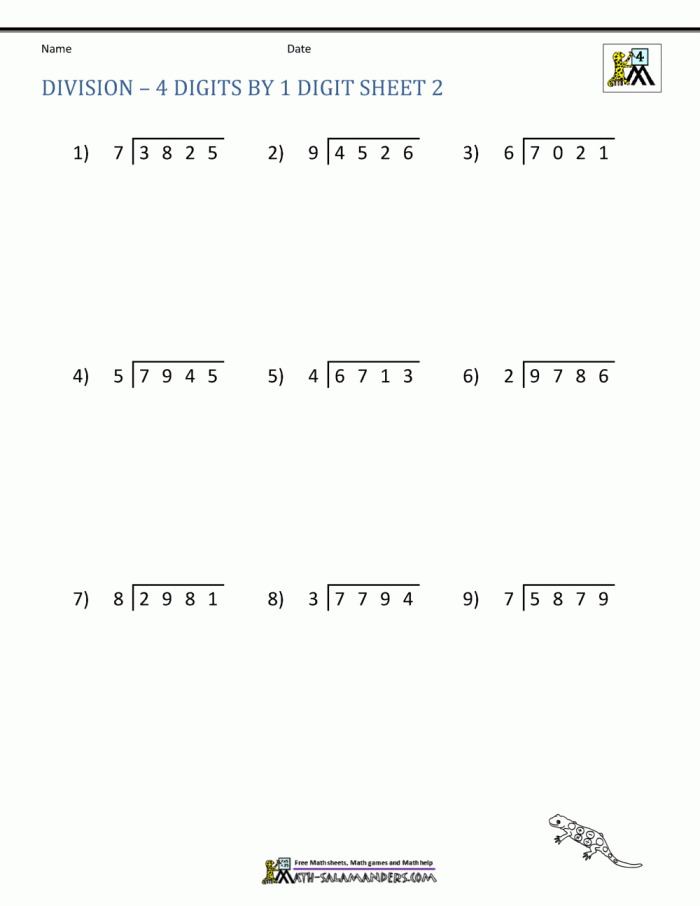 Fifth grade worksheet featuring three and four digit division practice problems