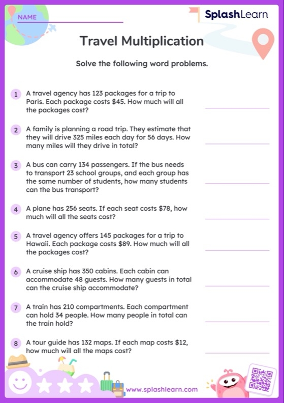 Worksheet for practicing three-digit by two-digit multiplication skills for fifth graders