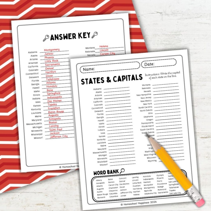 Fifth grade student completing a matching activity to identify US state capitals paired with their corresponding states