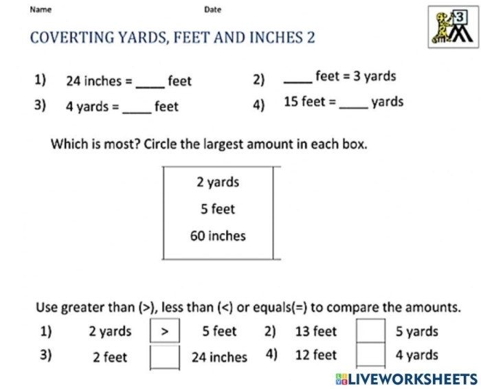 Fifth grade math worksheet showing a measurement conversion table and word problems for yards feet and inches