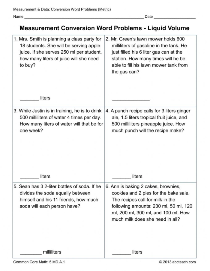 Fifth grade math worksheet featuring word problems for practicing metric length conversions