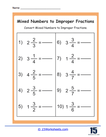 Colorful worksheet page for 5th grade students to practice identifying mixed and improper fractions