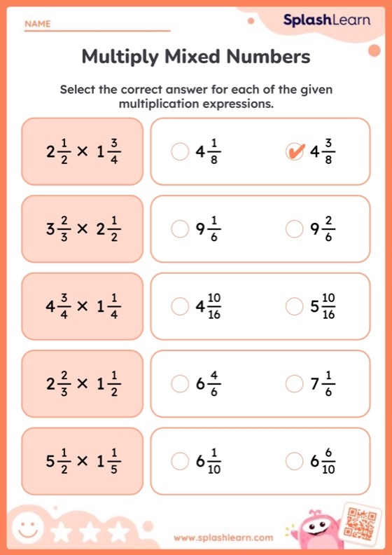 Fifth grade math worksheet featuring step-by-step problems for multiplying mixed numbers by mixed numbers