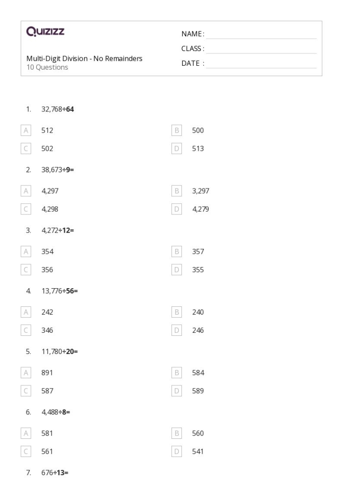 Math Review worksheet featuring multi-digit division exercises for fifth graders
