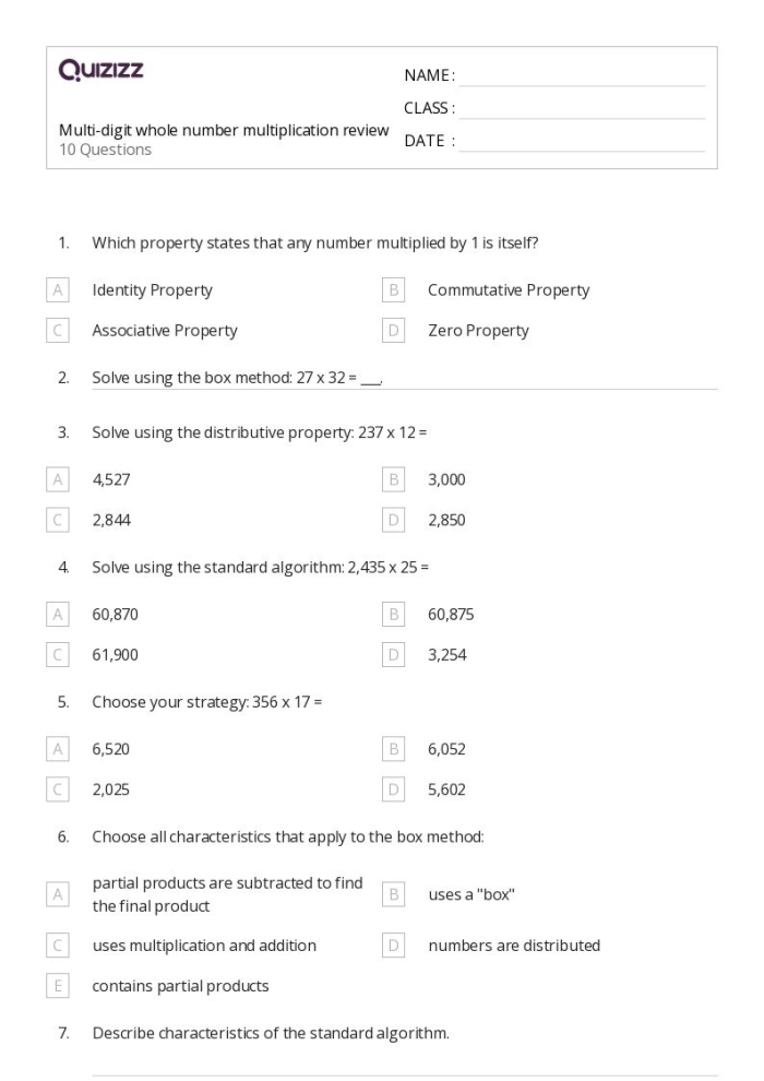Fifth grade math worksheet featuring multi-digit division practice problems for students