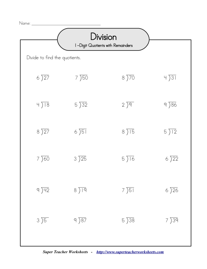 Worksheet featuring multi-digit division exercises for fifth graders
