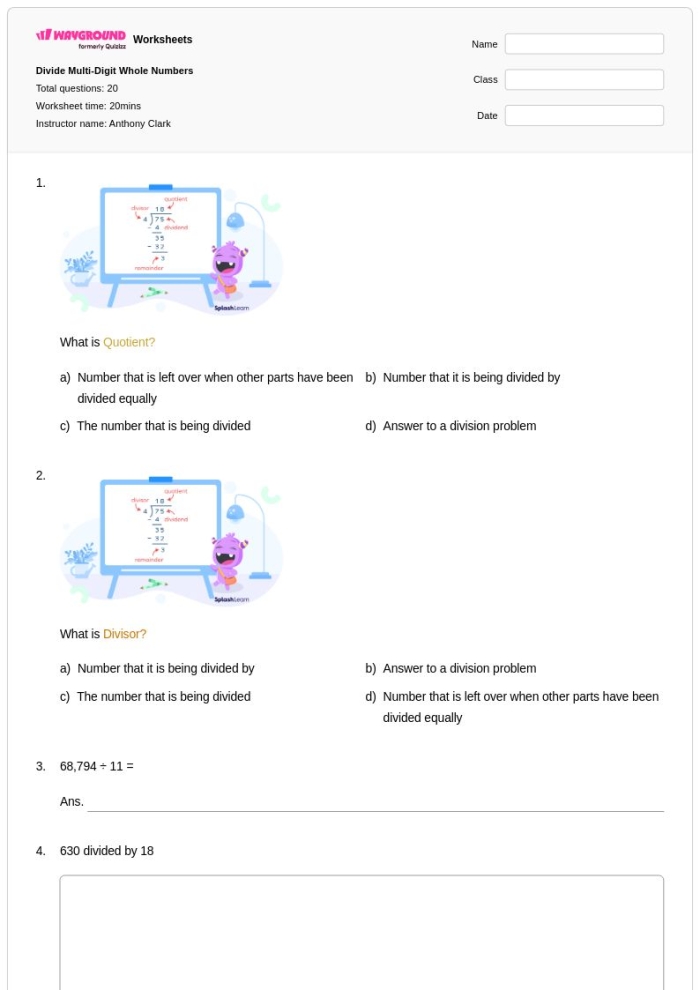 Worksheet featuring multi-digit division problems for fifth graders