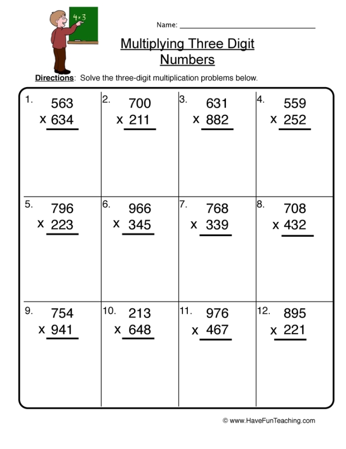Fifth grade math worksheet featuring a variety of multi-digit multiplication problems for students to solve