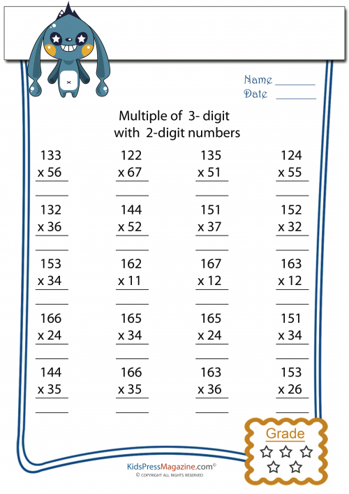 Fifth grade math worksheet featuring three-digit by two-digit multiplication problems for practice