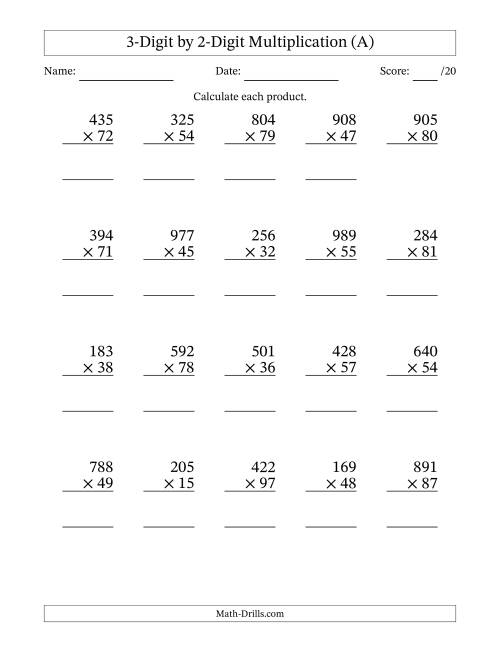 Worksheet for practicing three-digit by two-digit multiplication skills for fifth graders
