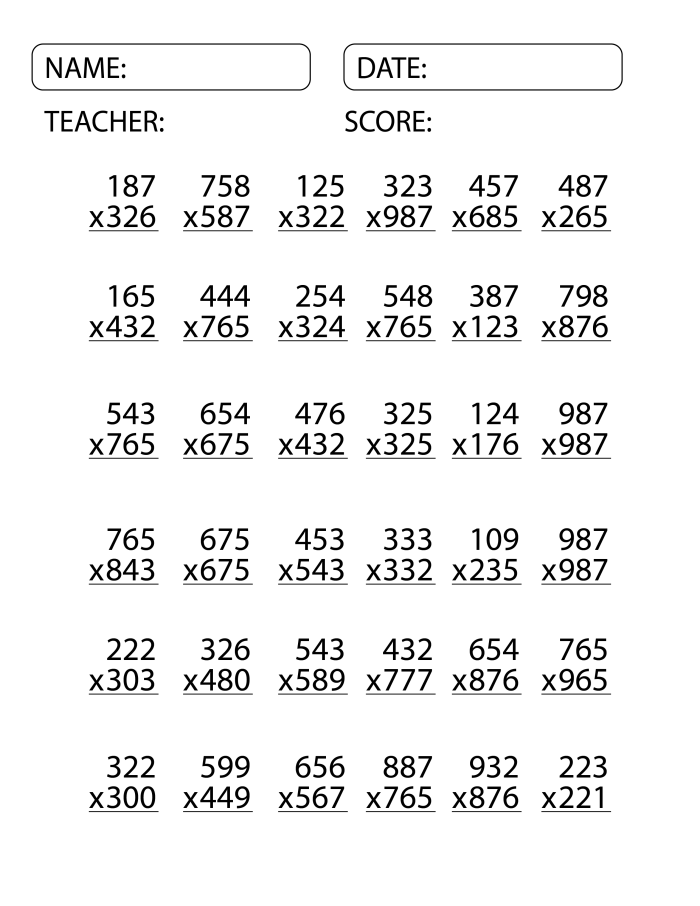 Fifth grade math worksheet featuring three-digit by two-digit multiplication problems for students